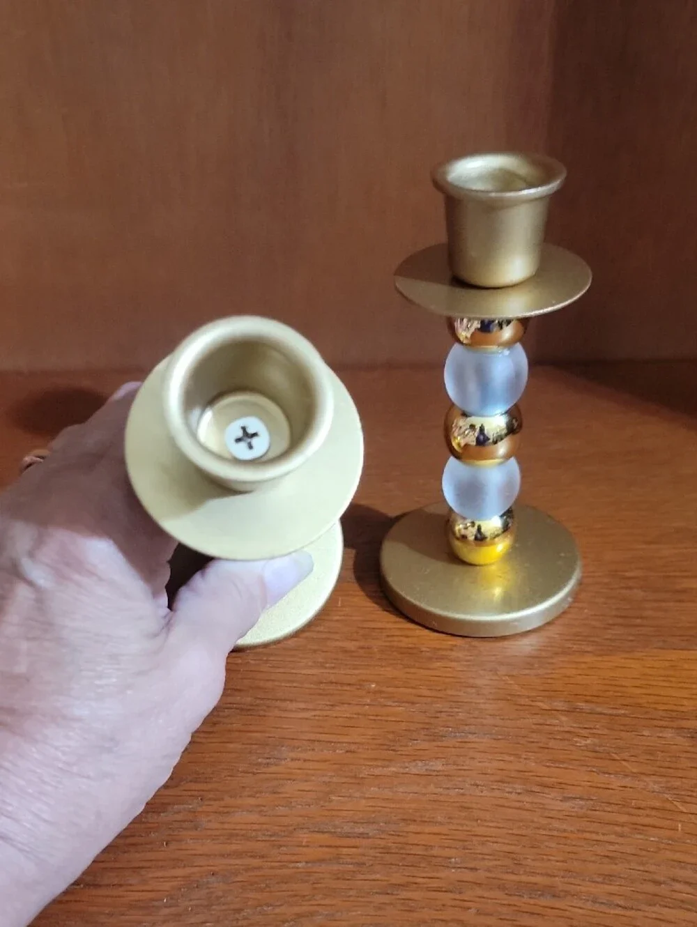 Gold Candlesticks with Frosted White And Gold Beads - Pair